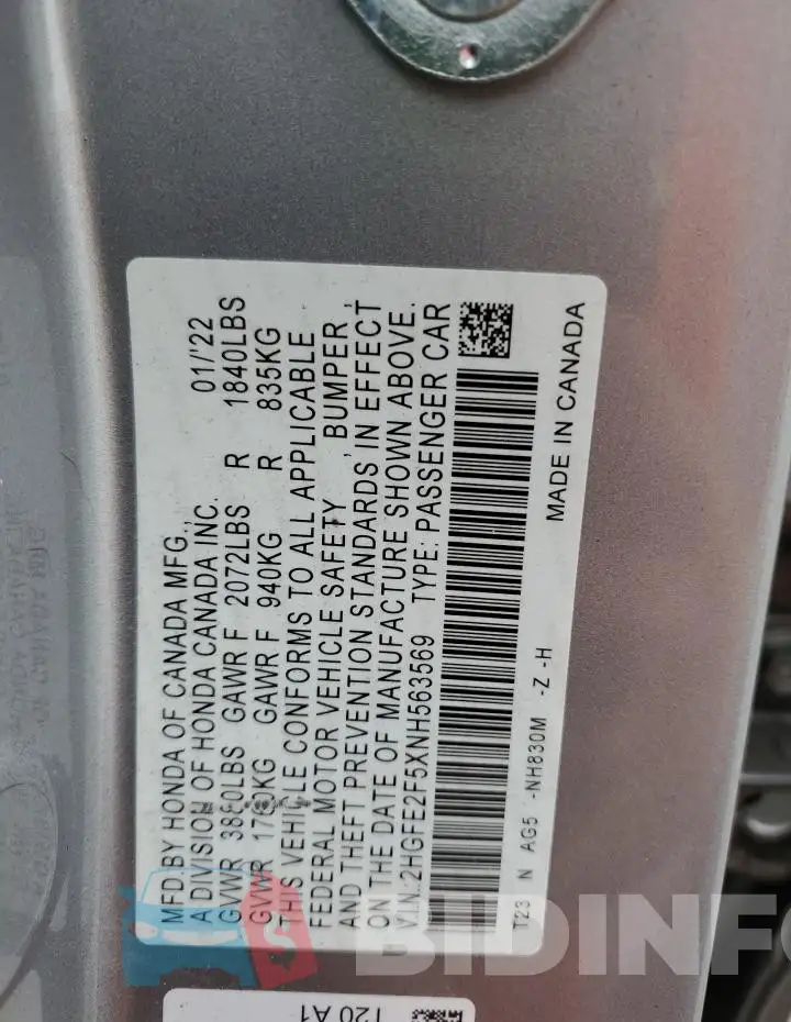 2HGFE2F5XNH563569 Photo# 12