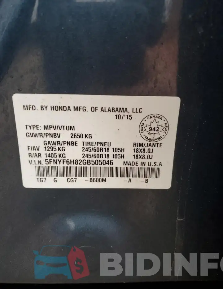 5FNYF6H82GB505046 Photo# 13