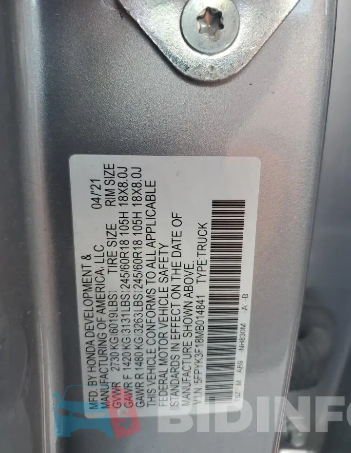 5FPYK3F18MB014841 Photo# 13