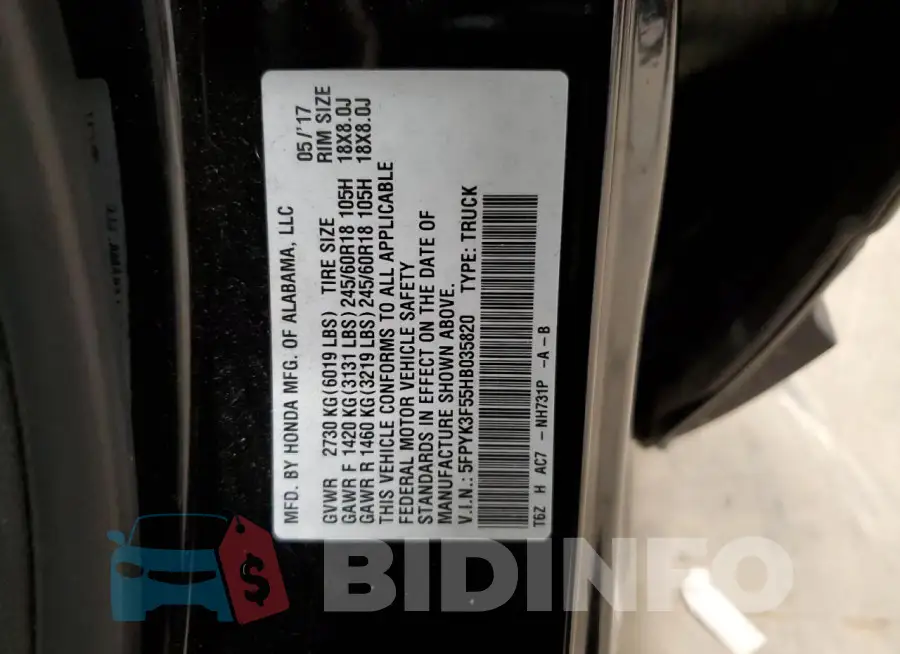 5FPYK3F55HB035820 Photo# 12