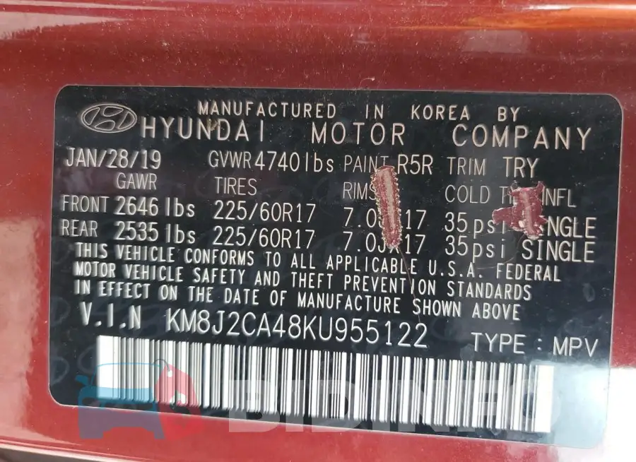 KM8J2CA48KU955122 Photo# 13