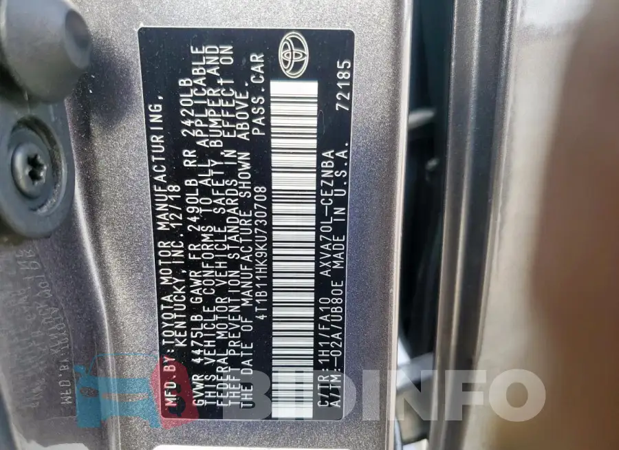 4T1B11HK9KU730708 Photo# 13