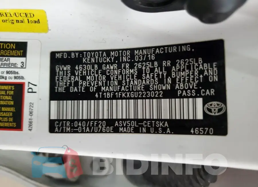 4T1BF1FKXGU223022 Photo# 12