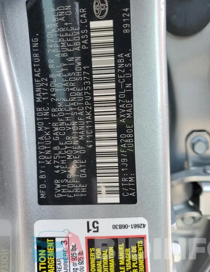 4T1C11AK2PU753771 Photo# 12