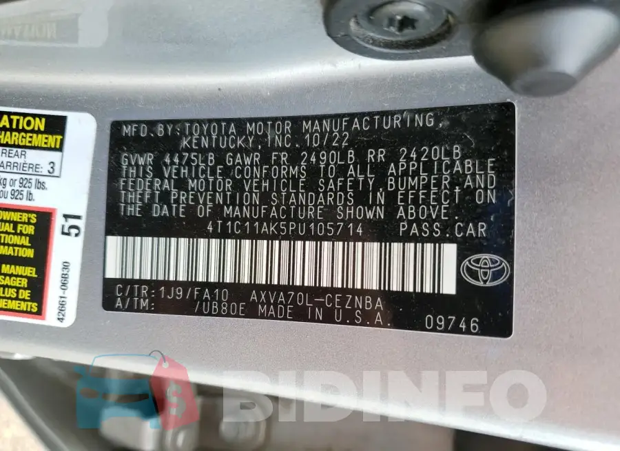 4T1C11AK5PU105714 Photo# 12