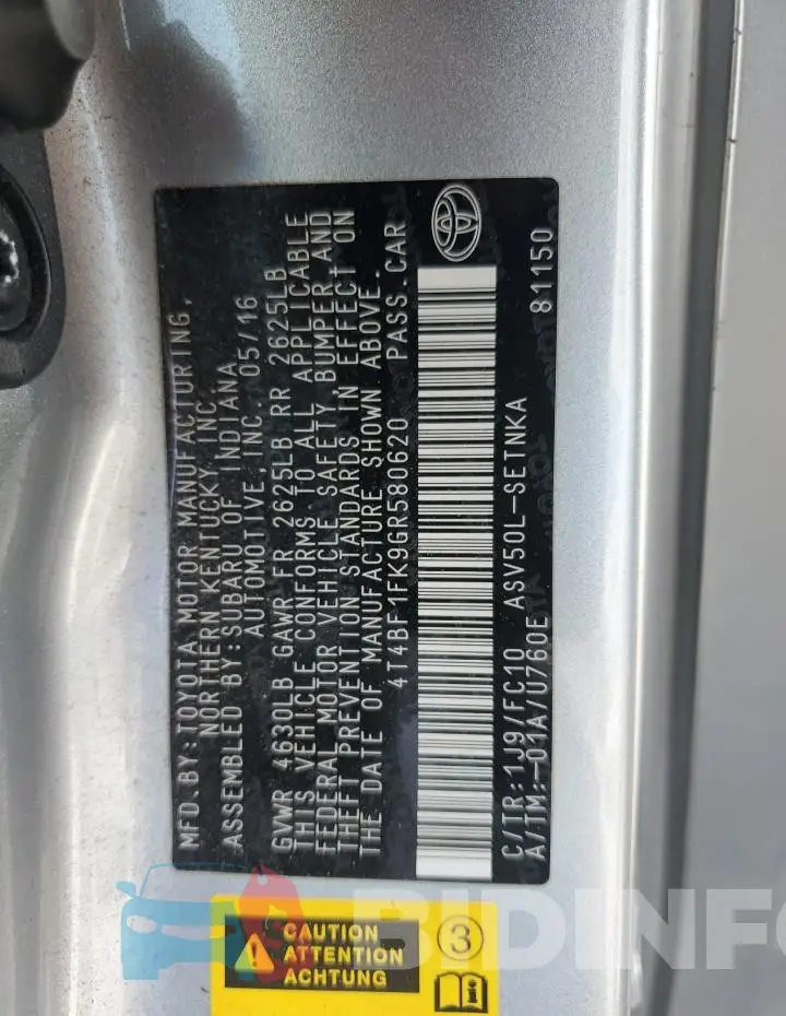 4T4BF1FK9GR580620 Photo# 13