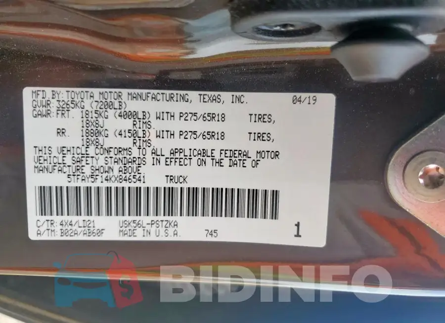 5TFAY5F14KX846541 Photo# 12