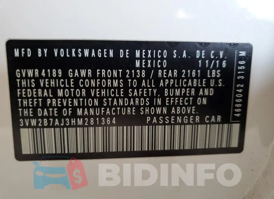 3VW2B7AJ3HM281364 Photo# 12