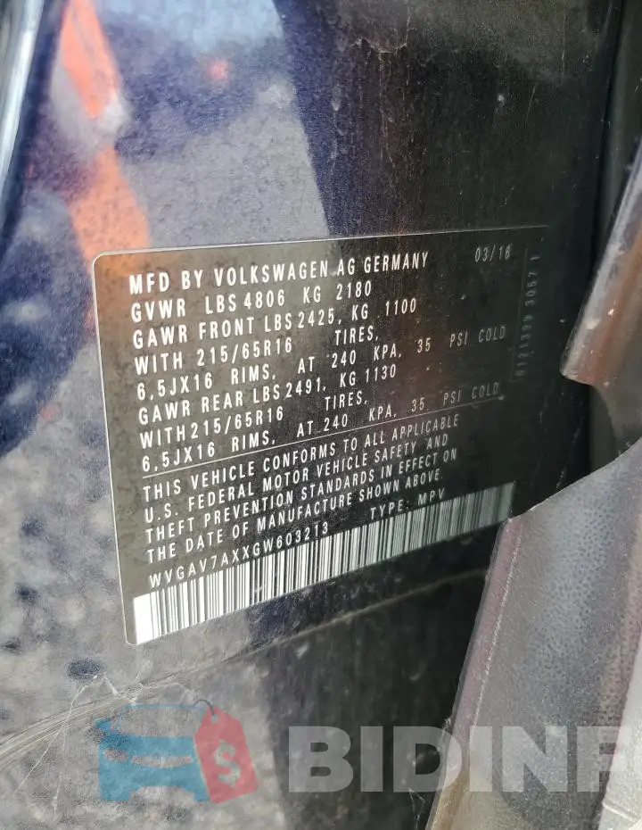 WVGAV7AXXGW603213 Photo# 13