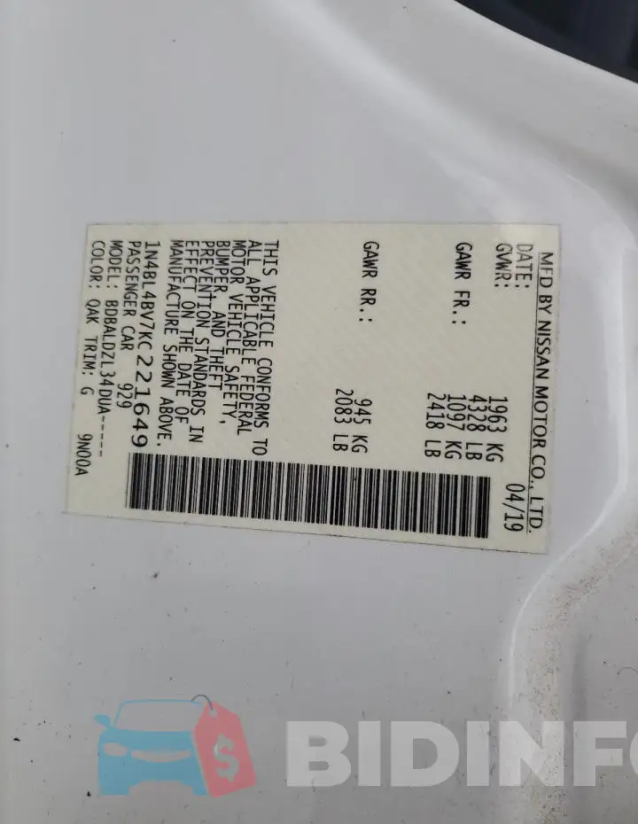 1N4BL4BV7KC221649 Photo# 12