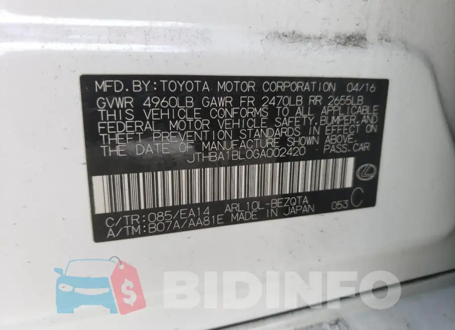 JTHBA1BL0GA002420 Photo# 12