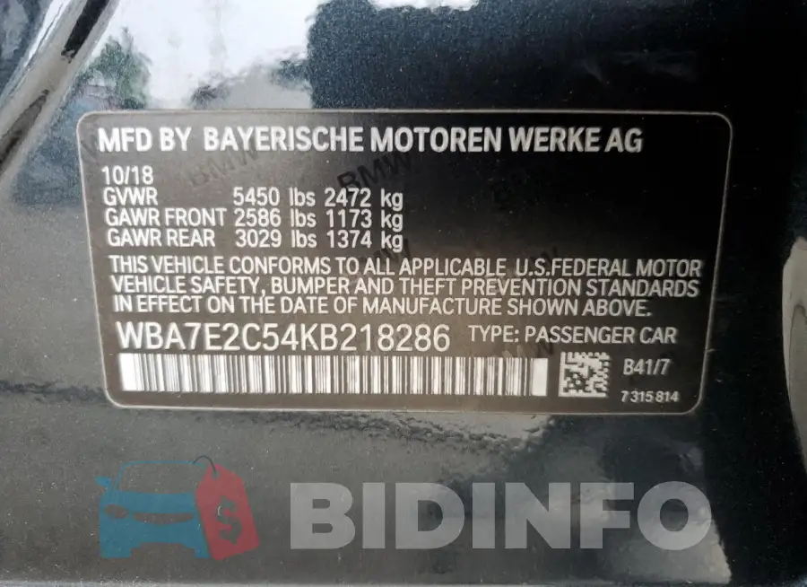 WBA7E2C54KB218286 Photo# 13