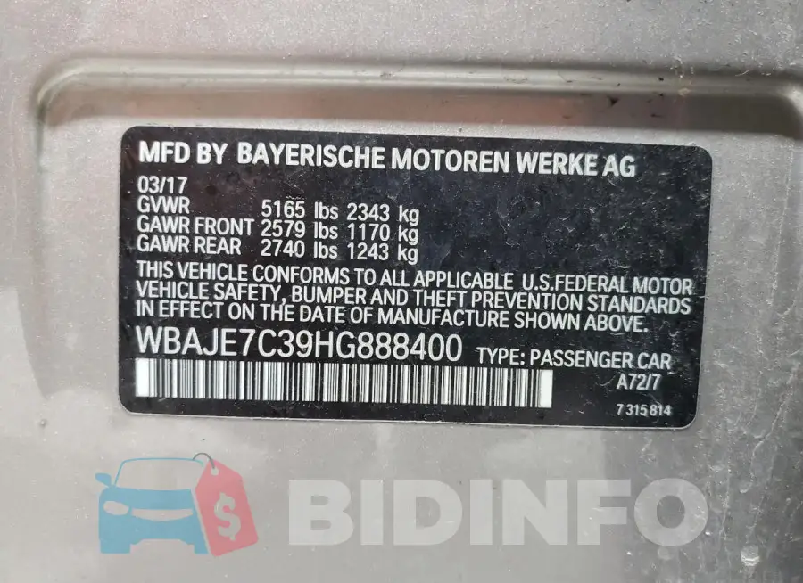 WBAJE7C39HG888400 Photo# 12