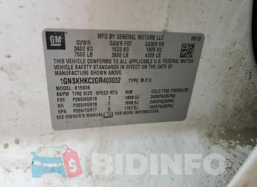 1GNSKHKC2GR403032 Photo# 13