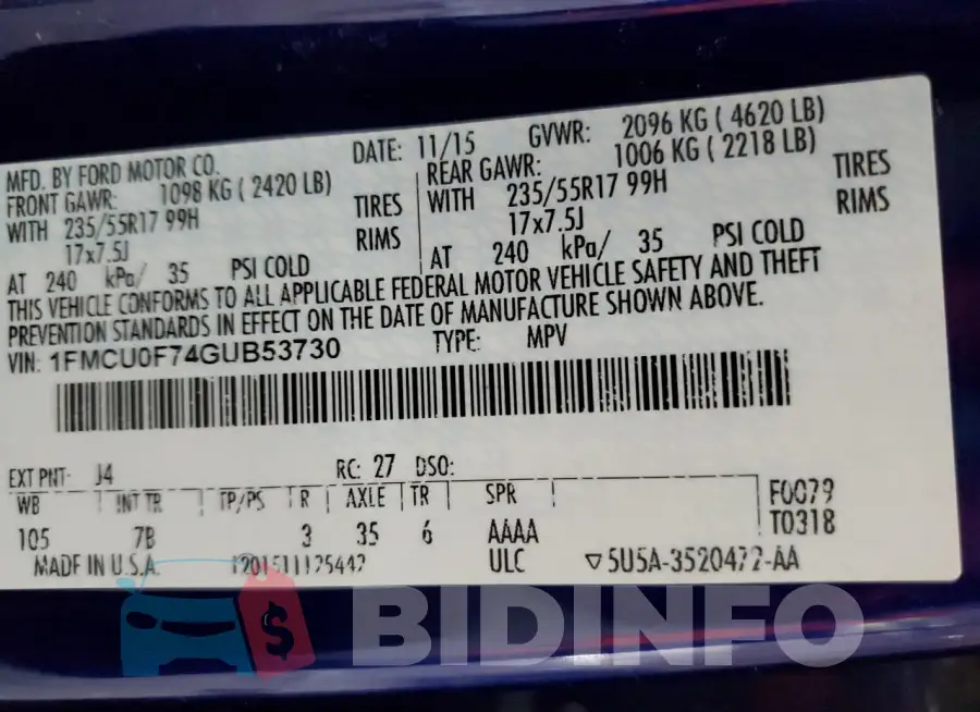 1FMCU0F74GUB53730 Photo# 14