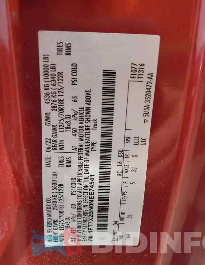 1FT7X2BN0NEE74541 Photo# 13