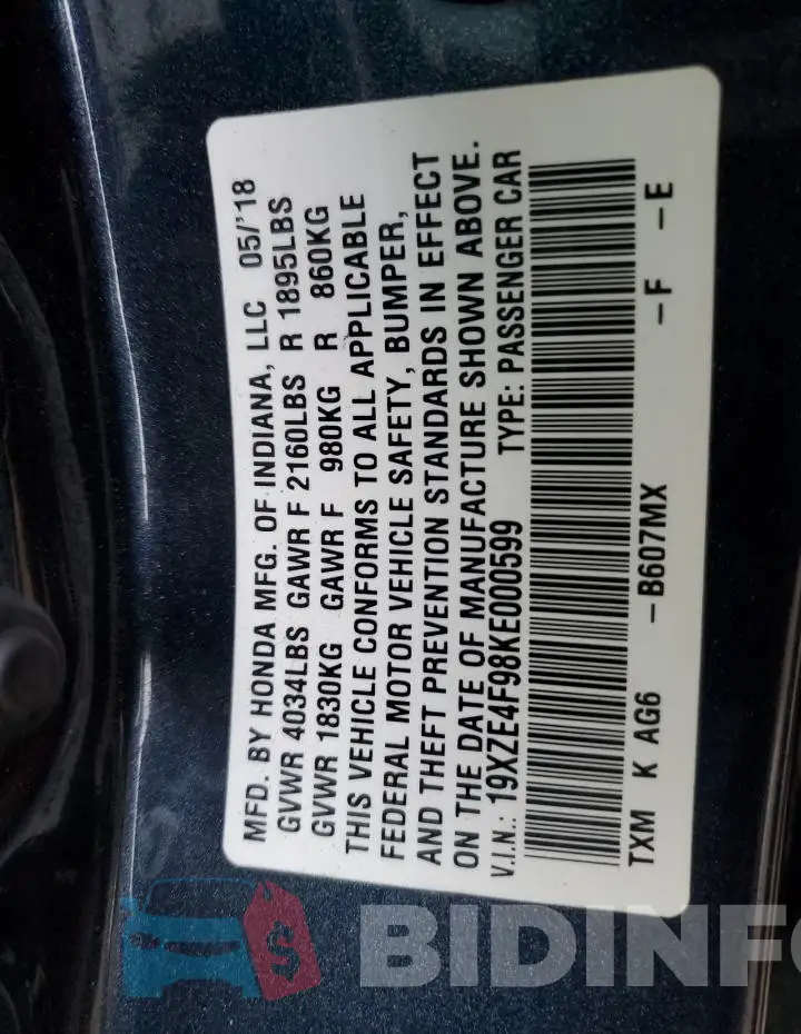 19XZE4F98KE000599 Photo# 12