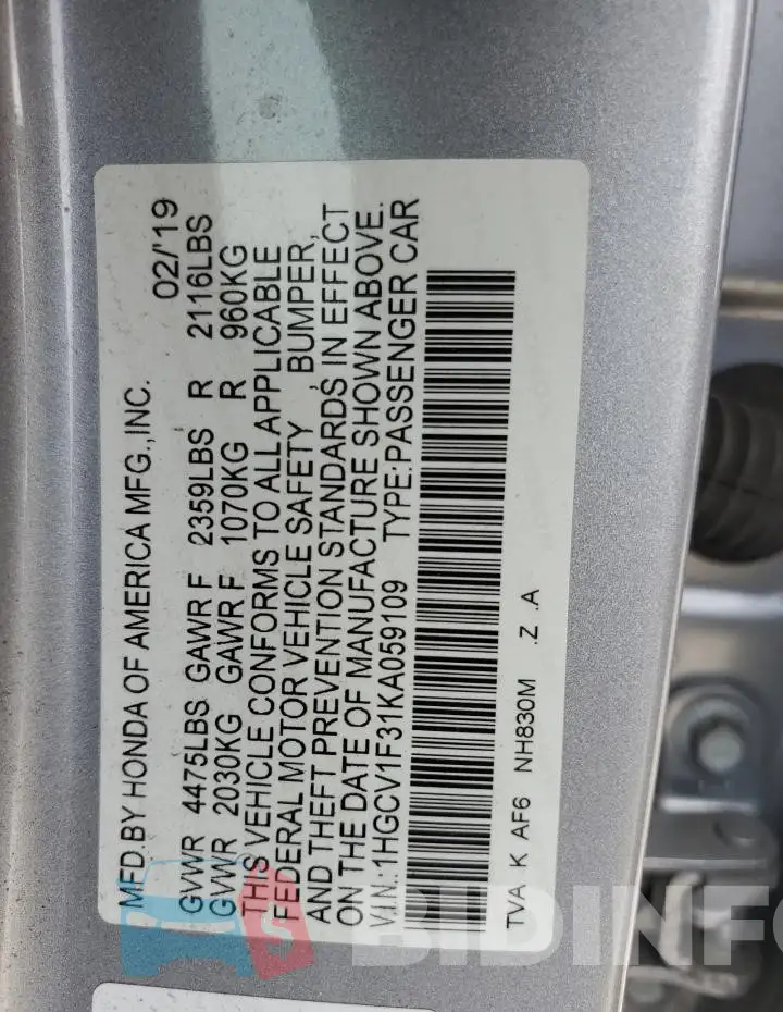 1HGCV1F31KA059109 Photo# 12