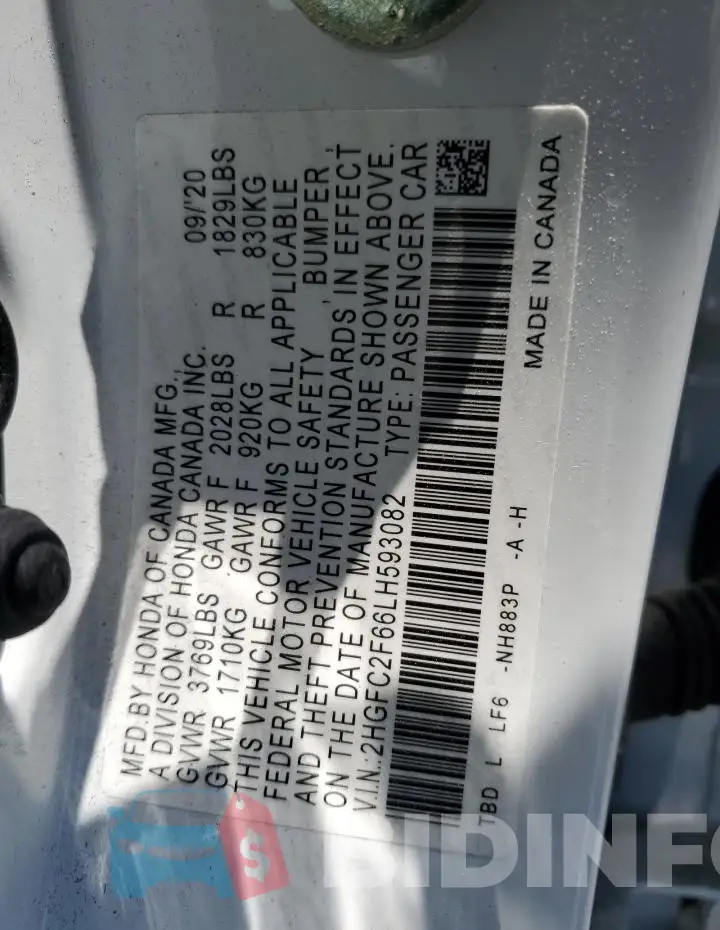 2HGFC2F66LH593082 Photo# 12