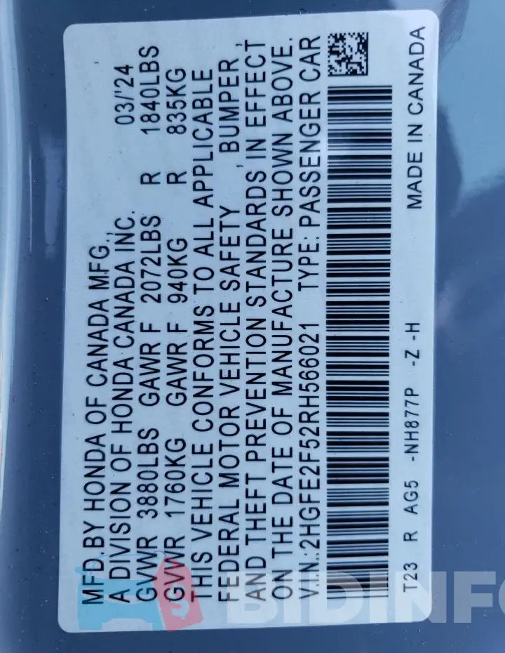 2HGFE2F52RH566021 Photo# 12