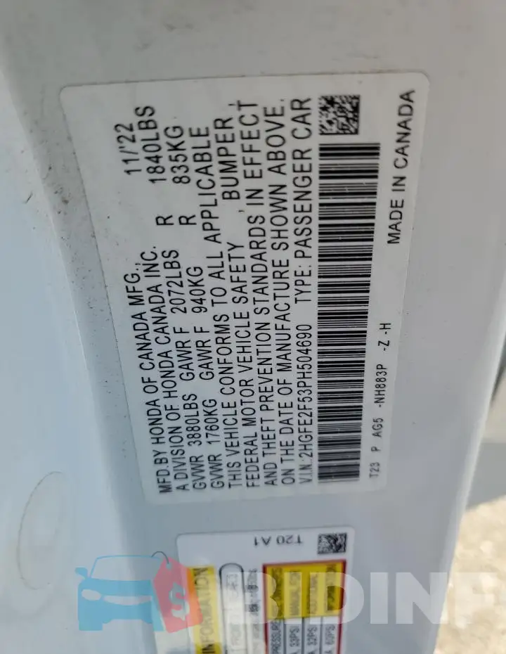 2HGFE2F53PH504690 Photo# 12