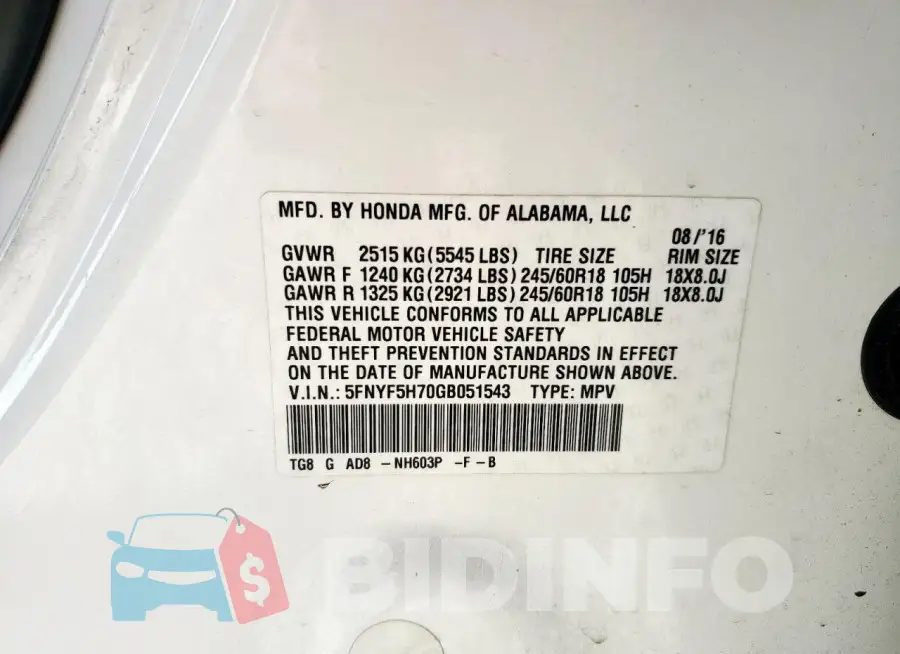 5FNYF5H70GB051543 Photo# 13