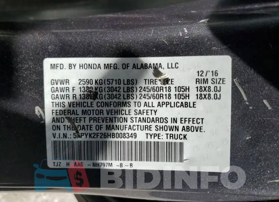 5FPYK2F26HB008349 Photo# 12