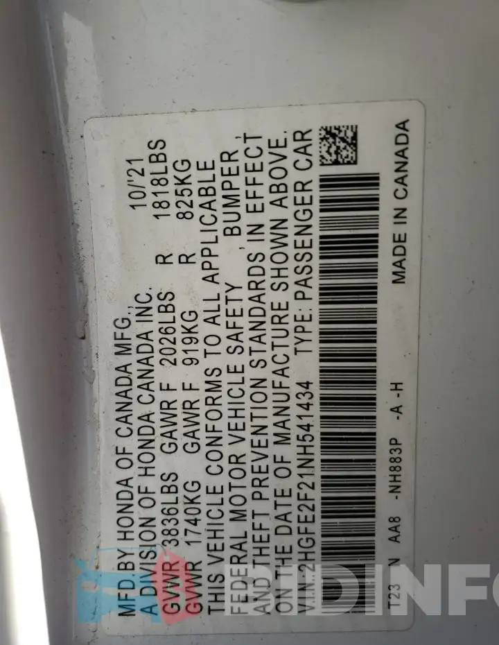 2HGFE2F21NH541434 Photo# 13