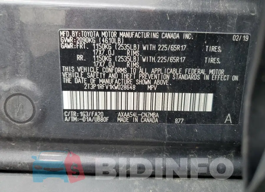2T3P1RFV1KW028648 Photo# 13