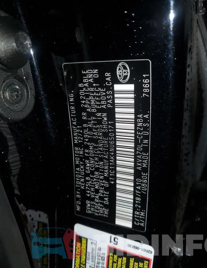 4T1C11AK4NU650171 Photo# 12