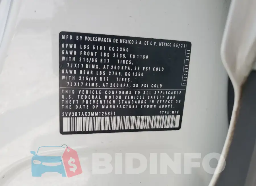 3VV3B7AX3MM125851 Photo# 13