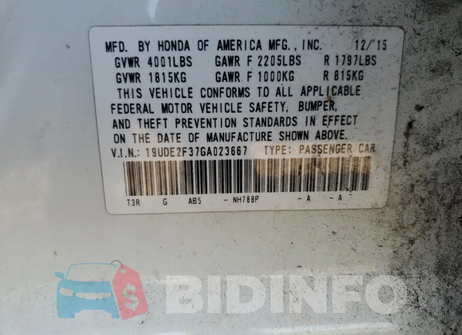 19UDE2F37GA023667 Photo# 12