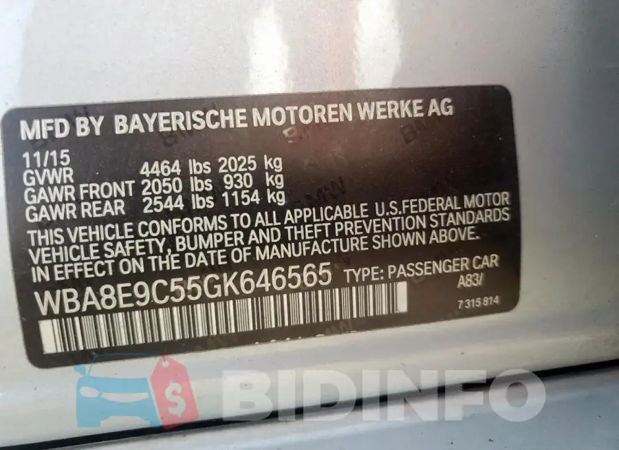 WBA8E9C55GK646565 Photo# 12
