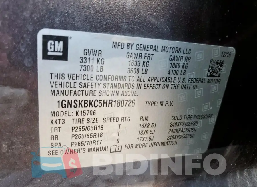 1GNSKBKC5HR180726 Photo# 13