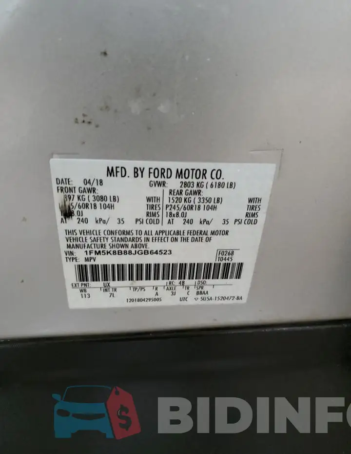 1FM5K8B88JGB64523 Photo# 14