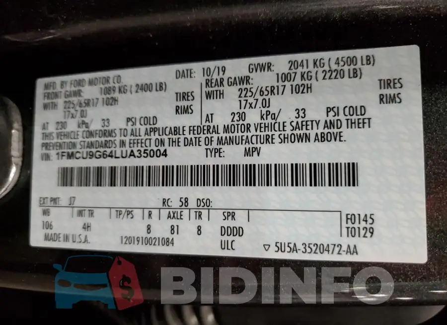 1FMCU9G64LUA35004 Photo# 14