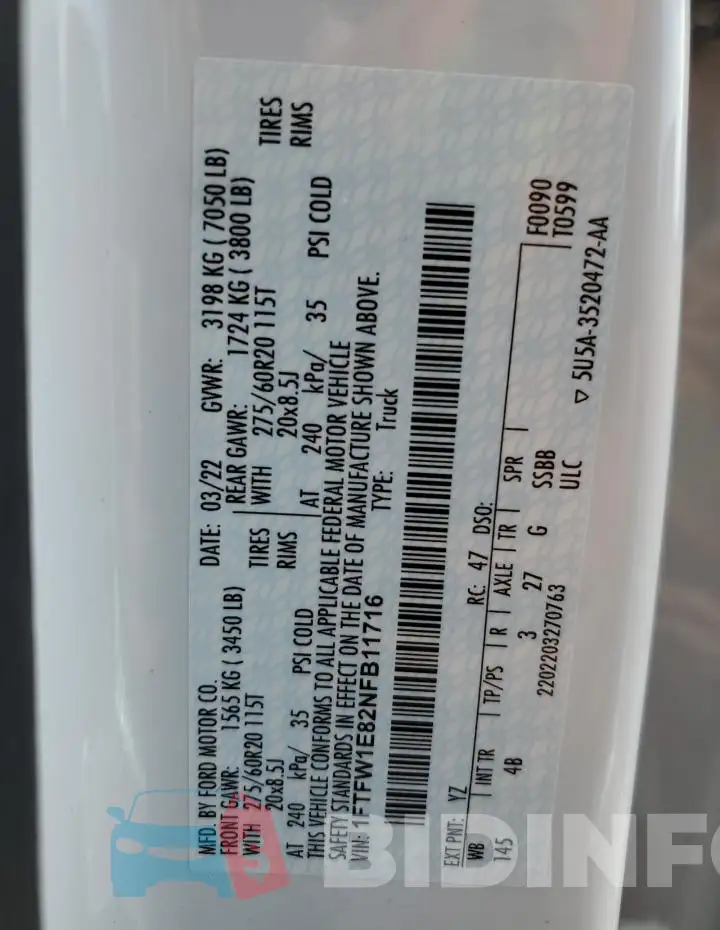 1FTFW1E82NFB11716 Photo# 13