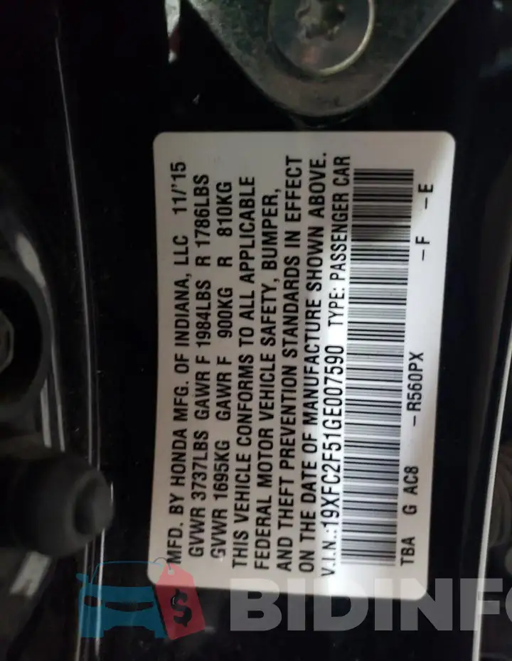 19XFC2F51GE007590 Photo# 12