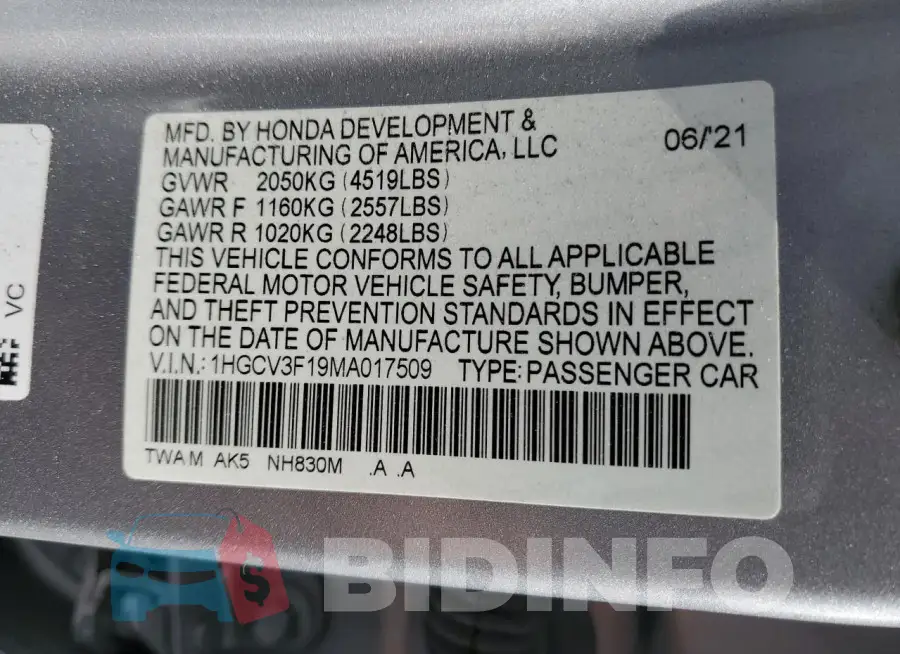 1HGCV3F19MA017509 Photo# 13