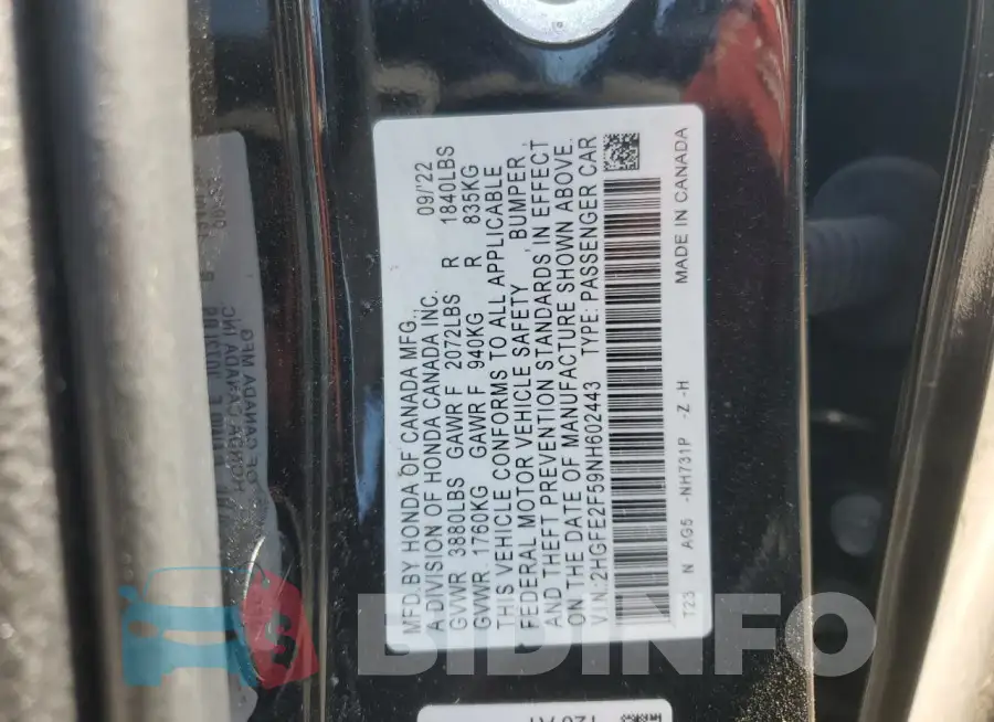 2HGFE2F59NH602443 Photo# 12