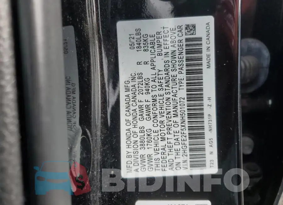 2HGFE2F5XNH501072 Photo# 12