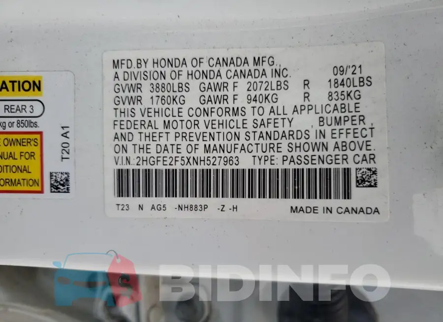 2HGFE2F5XNH527963 Photo# 13