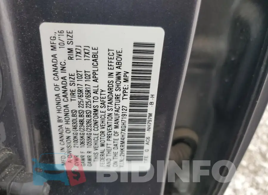 2HKRM4H7XGH719127 Photo# 14