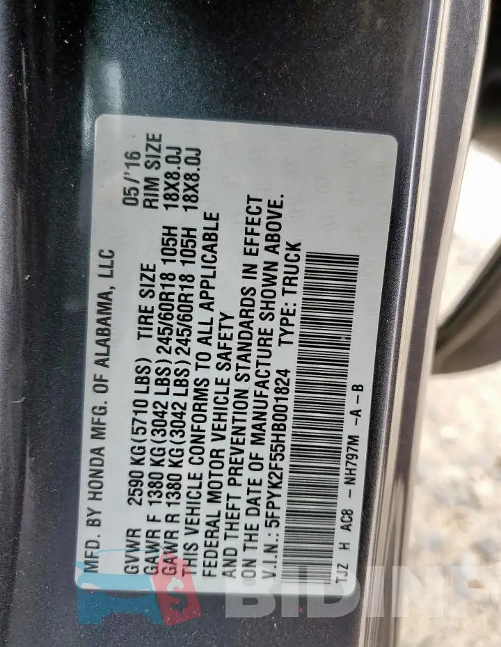 5FPYK2F55HB001824 Photo# 12