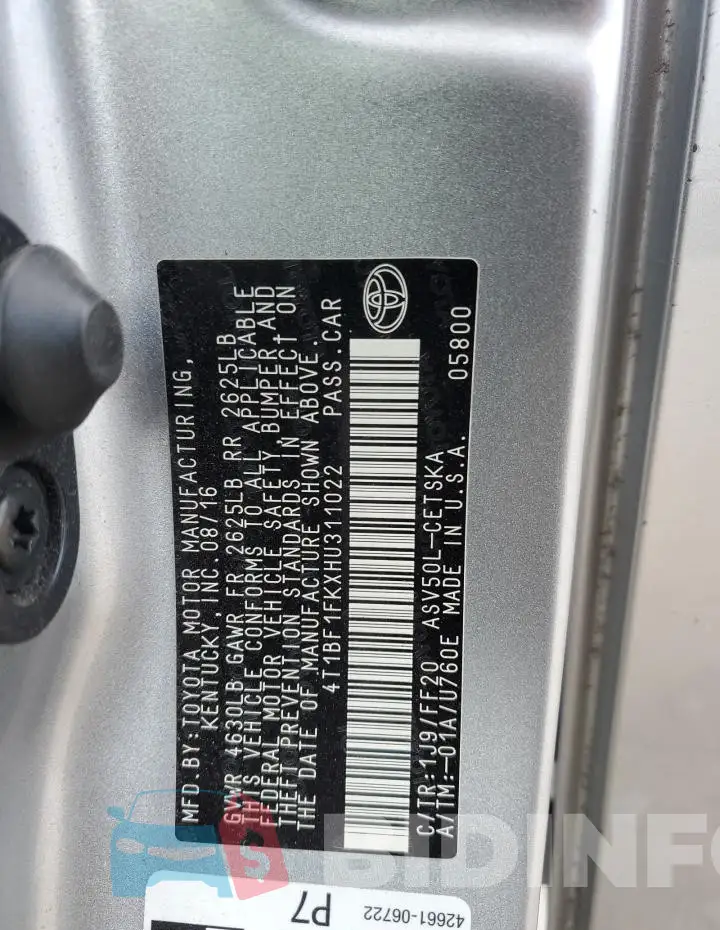 4T1BF1FKXHU311022 Photo# 13