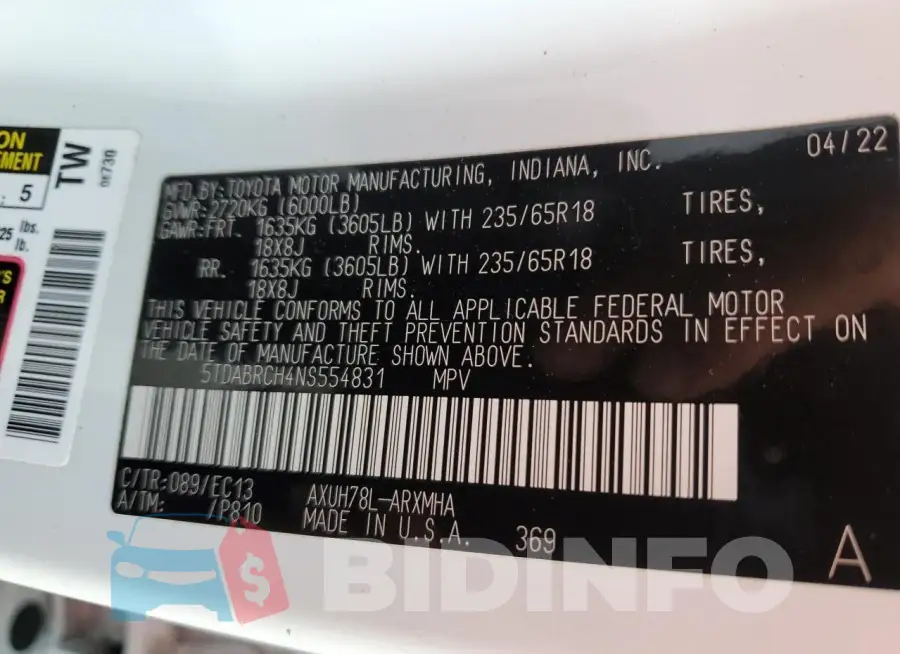 5TDABRCH4NS554831 Photo# 13