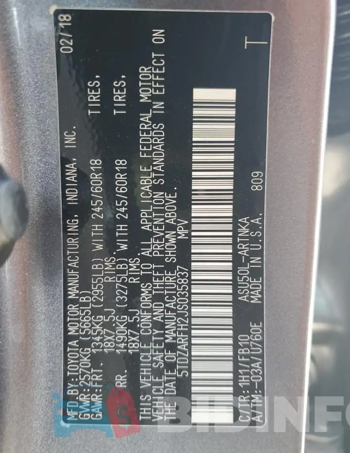 5TDZARFH2JS035837 Photo# 13