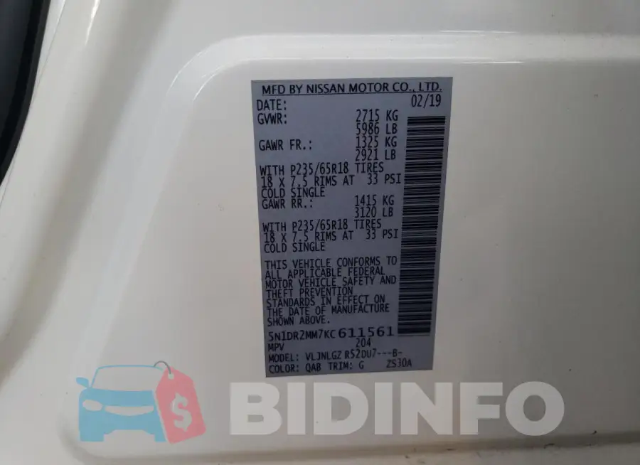 5N1DR2MM7KC611561 Photo# 13