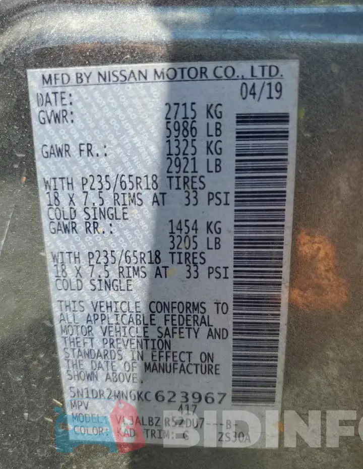 5N1DR2MN6KC623967 Photo# 13