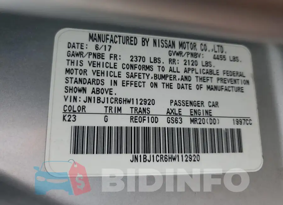 JN1BJ1CR6HW112920 Photo# 13